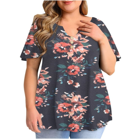 QLEICOM Women Plus Size Summer Pleated Ruffle Short Sleeve T-Shirt Loose Casual V-Neck Gradient Color Blouse T-shirt Tops Red 5XL, US Size:18