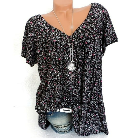 QLEICOM Women Plus Size Summer Tops Short Sleeve V-Neck Print Loose Casual Tee T-Shirt Black M, US Size: 6