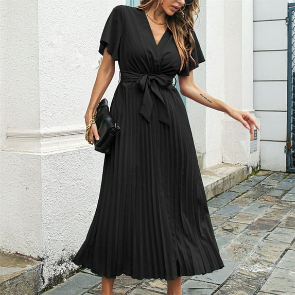 QLEICOM Women Short Sleeve Vintage Dress Summer Casual Swing Long Dresses Daily Party Beach Dress Boho Printed V-Neck Flowy Maxi Dress Beach Sundress with Belt Black S