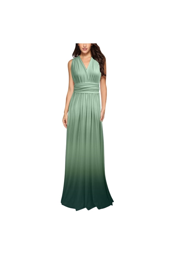 Women Sleeveless V Neck Evening Cocktail Long Dress Cross Back Wedding Dresses Elegant Gradient Evening Gown Maxi Long Dress Green L, US Size: 8