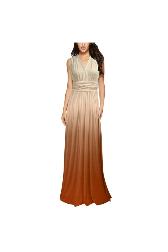 Women Sleeveless V Neck Evening Cocktail Long Dress Cross Back Wedding Dresses Elegant Gradient Evening Gown Maxi Long Dress Khaki L, US Size: 8