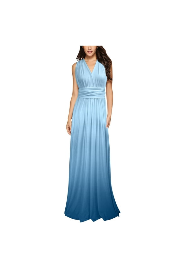 Women Sleeveless V Neck Evening Cocktail Long Dress Cross Back Wedding Dresses Elegant Gradient Evening Gown Maxi Long Dress Sky Blue M, US Size: 6
