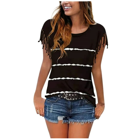 QLEICOM Women Stripe Tassels Short Sleeve Crewneck T-shirt Blouses Shirts Tops Black S, US Size 4