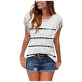 thumbnail image 1 of QLEICOM Women Stripe Tassels Short Sleeve Crewneck T-shirt Blouses Shirts Tops White S, US Size 4, 1 of 7