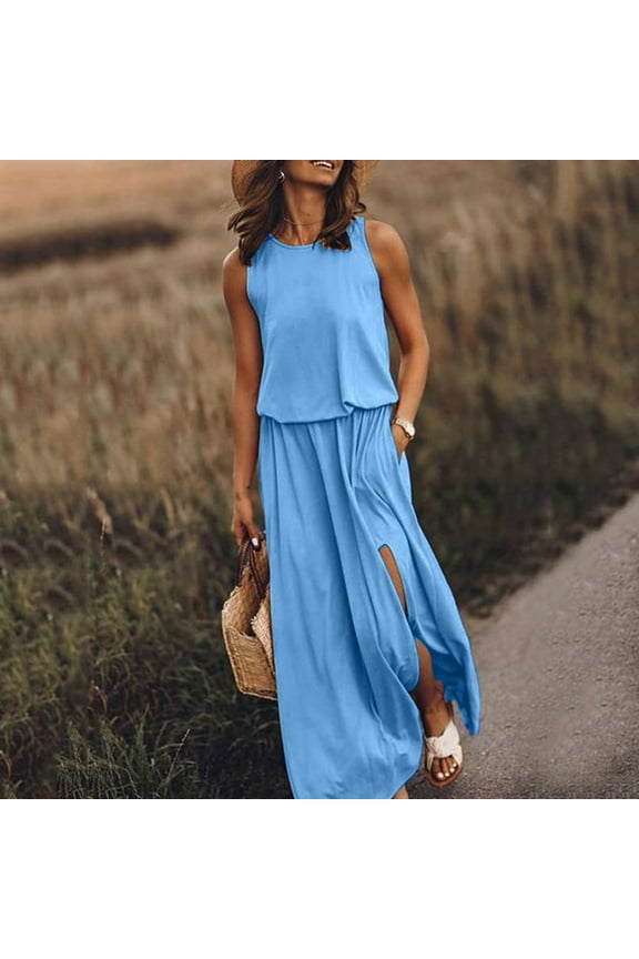 Women Summer Bohemian Solid Fork Opening Dress Casual Sleeveless Belt A-Line Maxi Dress Pleated Hem Swing Sun Dress Blue L, US Size: 8