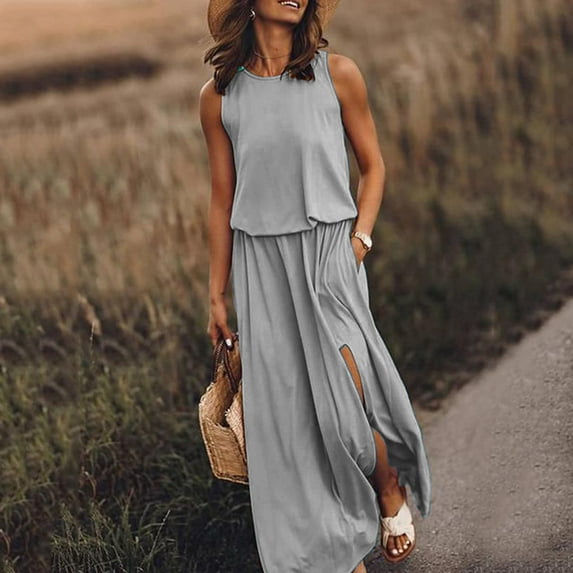 QLEICOM Women Summer Bohemian Solid Fork Opening Dress Casual Sleeveless Belt A-Line Maxi Dress Pleated Hem Swing Sun Dress Gray L, US Size: 8