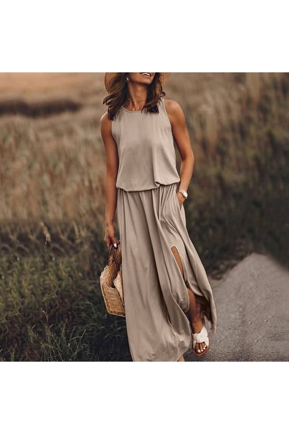 Women Summer Bohemian Solid Fork Opening Dress Casual Sleeveless Belt A-Line Maxi Dress Pleated Hem Swing Sun Dress Khaki L, US Size: 8
