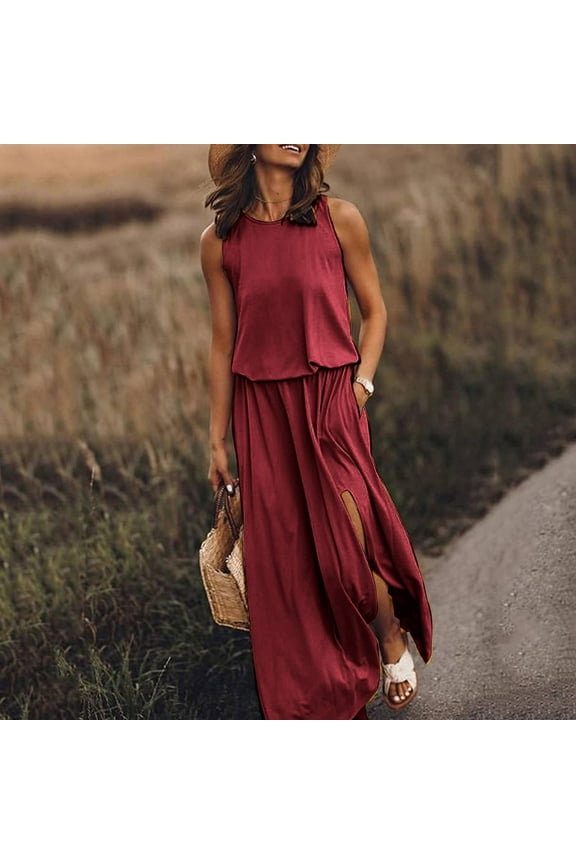 Women Summer Bohemian Solid Fork Opening Dress Casual Sleeveless Belt A-Line Maxi Dress Pleated Hem Swing Sun Dress Plus Size Dress Hot Pink 4XL, US Size: 16