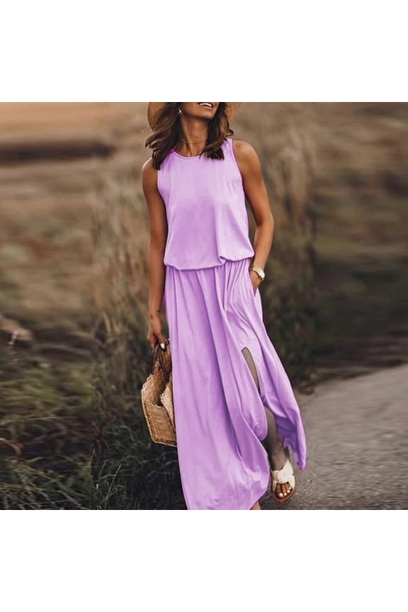 Women Summer Bohemian Solid Fork Opening Dress Casual Sleeveless Belt A-Line Maxi Dress Pleated Hem Swing Sun Dress Plus Size Dress Purple 3XL, US Size: 14
