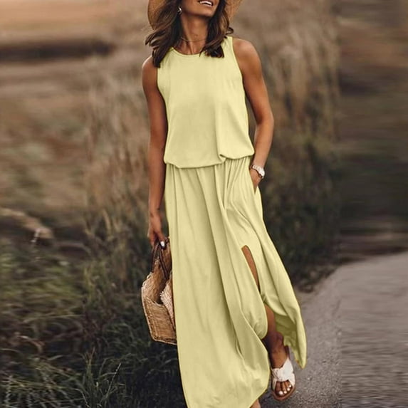 QLEICOM Women Summer Bohemian Solid Fork Opening Dress Casual Sleeveless Belt A-Line Maxi Dress Pleated Hem Swing Sun Dress Plus Size Dress Yellow 3XL, US Size: 14