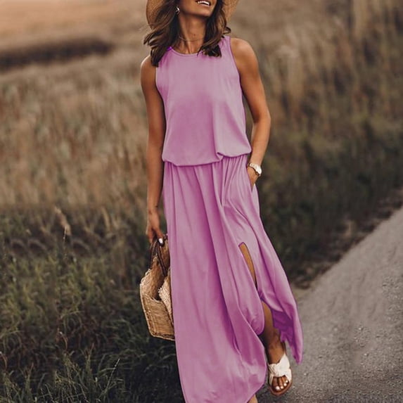 QLEICOM Women Summer Bohemian Solid Fork Opening Dress Casual Sleeveless Belt A-Line Maxi Dress Pleated Hem Swing Sun Dress Purple L, US Size: 8