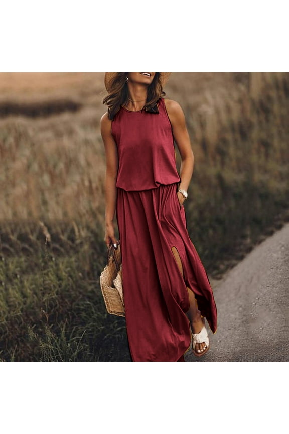 Women Summer Bohemian Solid Fork Opening Dress Casual Sleeveless Belt A-Line Maxi Dress Pleated Hem Swing Sun Dress Red L, US Size: 8