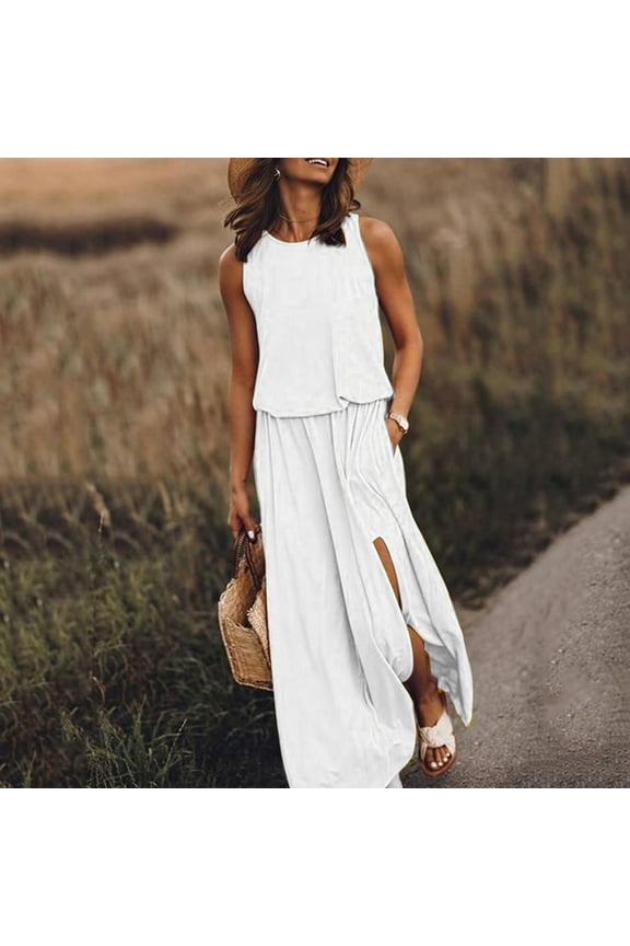 Women Summer Bohemian Solid Fork Opening Dress Casual Sleeveless Belt A-Line Maxi Dress Pleated Hem Swing Sun Dress White XXL, US Size: 12