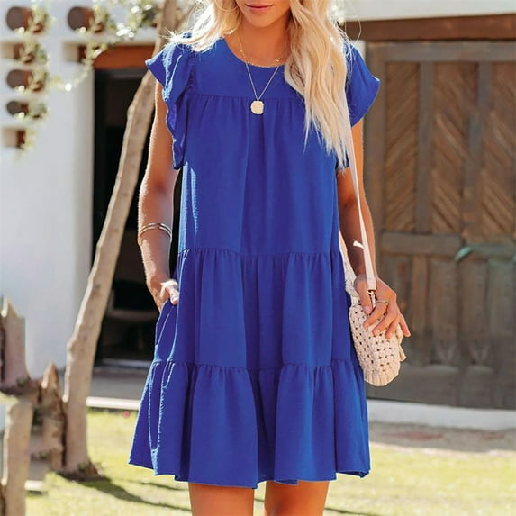 QLEICOM Women Summer Dress Boho Short Sleeve T-Shirt Dress Babydoll Ruffles Casual Mini Vacation Female Dress Solid Color Round Neck Beach Loose Dress Pleated Mini Dress with Pockets Red XL