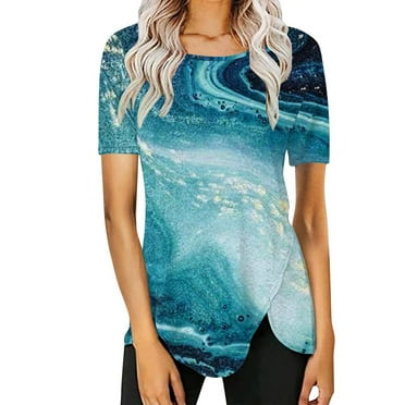 QLEICOM Women Summer T-Shirts Floral Printing Irregular Hem Tops Round Neck Short Sleeve Casual Tees Blouse Clearance