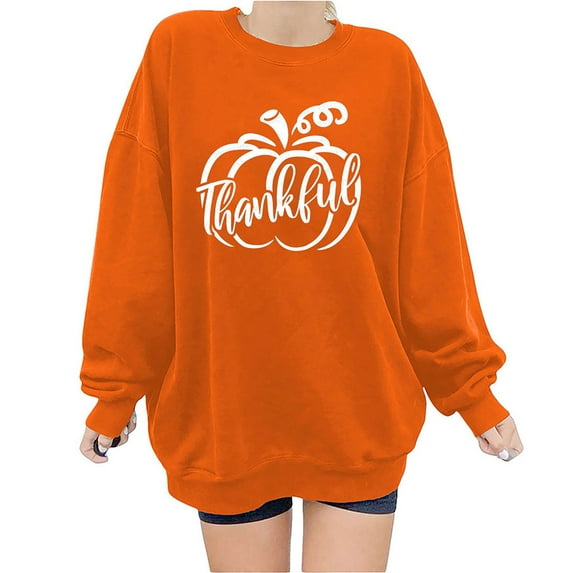 QLEICOM Women Thanksgiving Print Long Sleeves Blouse, Round Neck Casual Pullover Tops, Pumpkin Car Happy Thanksgiving Print Sweatershirt, Loose Oversized Autumn Hoodless Tops Blouse Orange-D M