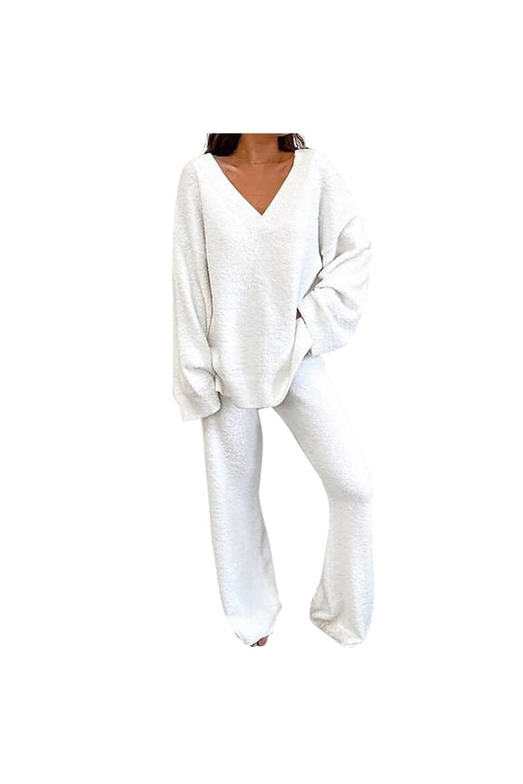 Women's 2 Piece Outfits Casual V Neck Knit Wide Leg Sweater Lounge Set Sweatsuit Long Sleeve Solid Color Tops Warm Pajama Sets White XXL, US Size 12