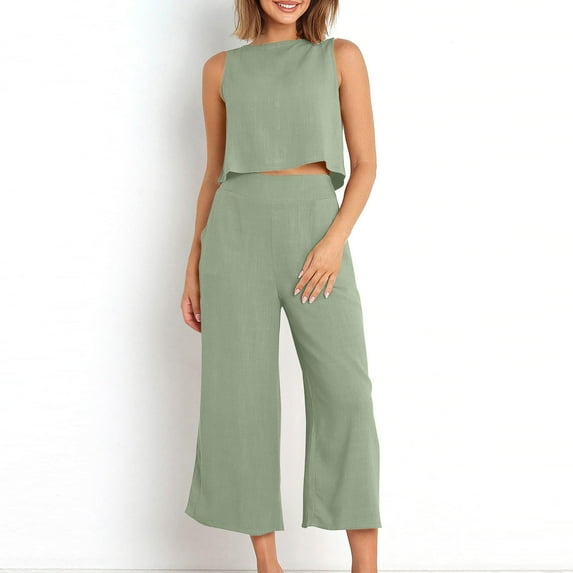 QLEICOM Women's 2 Piece Outfits, Sleeveless Vest and Wide Leg Pants Two-piece Sets, Summer Casual Loose Tank Exposed Navel Side Pockets Wide Legs Pants Sets, Vacation Matching Sets