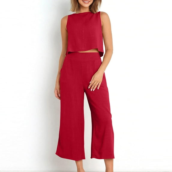 QLEICOM Women's 2 Piece Outfits, Sleeveless Vest and Wide Leg Pants Two-piece Sets, Summer Casual Loose Tank Exposed Navel Side Pockets Wide Legs Pants Sets, Vacation Matching Sets