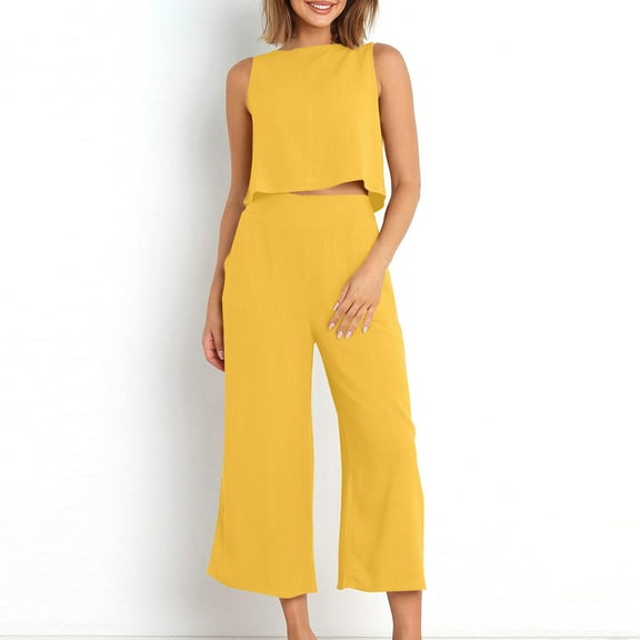 QLEICOM Women's 2 Piece Outfits, Sleeveless Vest and Wide Leg Pants Two-piece Sets, Summer Casual Loose Tank Exposed Navel Side Pockets Wide Legs Pants Sets, Vacation Matching Sets