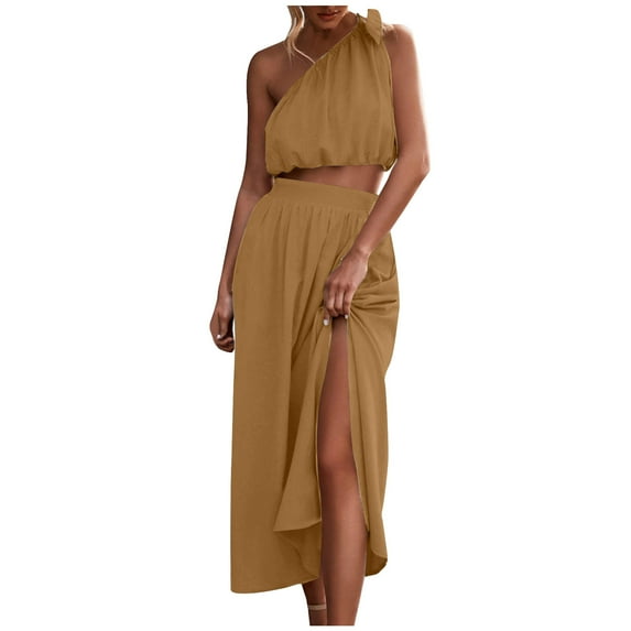 QLEICOM Women's 2 Piece Outfits Tie Knot One Shoulder Tank Top High Waist Side Split Maxi Skirt Coffee XL, US Size 10