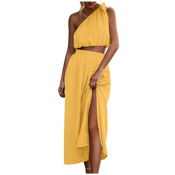 QLEICOM Women's 2 Piece Outfits Tie Knot One Shoulder Tank Top High Waist Side Split Maxi Skirt Yellow M, US Size 6