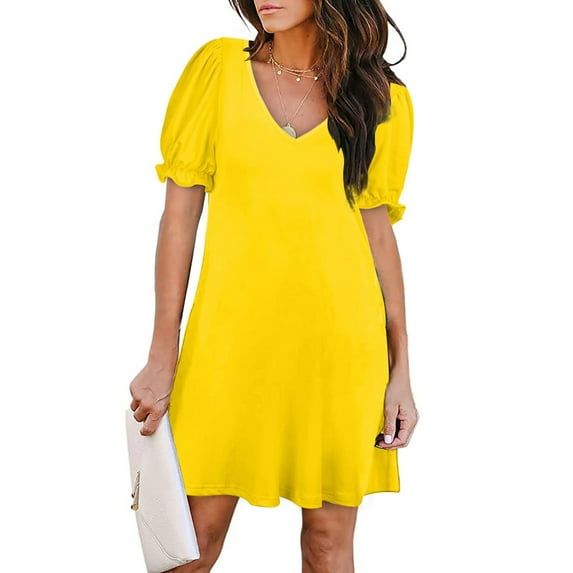 QLEICOM Women's 2023 Summer Casual Beach Dresses V Neck Short Sleeve Party Club Mini T Shirt Dress Sun Dress Yellow S, US Size: 4
