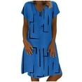 thumbnail image 1 of QLEICOM Women's 2023 Summer Dress Casual Loose Stripe Dot Patchwork V-Neck Short Sleeves Dress A-Line Pleated Hem Swing Midi Sun Dress Blue M, US Size:6, 1 of 5
