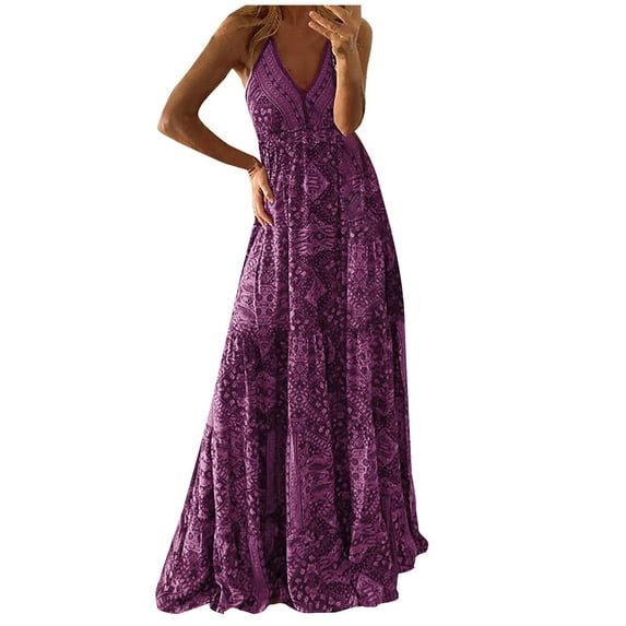 QLEICOM Women's 2023 Summer Dress Casual Print V-Neck Camis Sleeveless Vest Long Dress Maxi Dresses Beach Sundress Dress Purple L, US Size:8