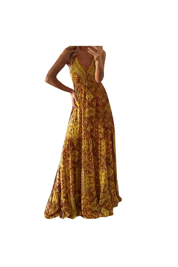 Women's 2023 Summer Dress Casual Print V-Neck Camis Sleeveless Vest Long Dress Maxi Dresses Beach Sundress Dress Yellow XL, US Size:10