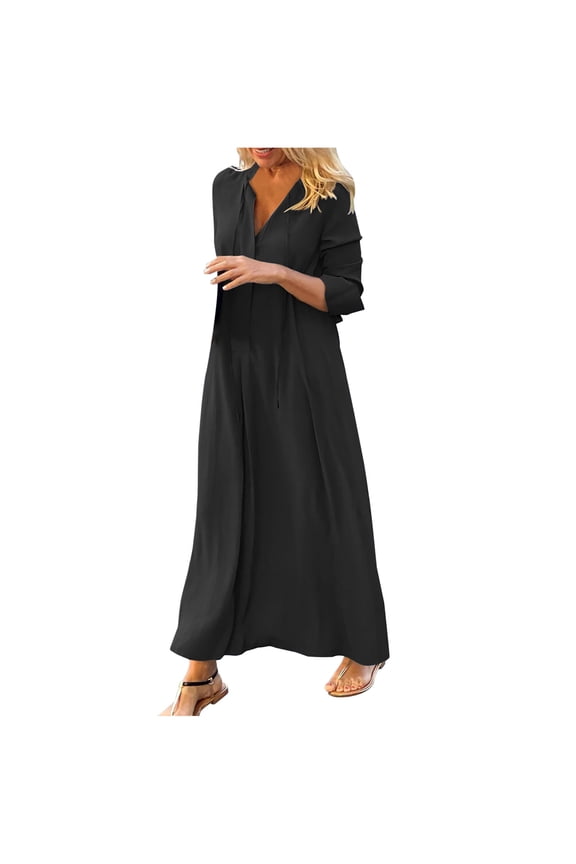 Women's 2023 Summer Dress Casual Solid V-Neck High Waist Long Sleeve Long Dress Maxi Dresses Beach Sundress Dress Black S, US Size:4