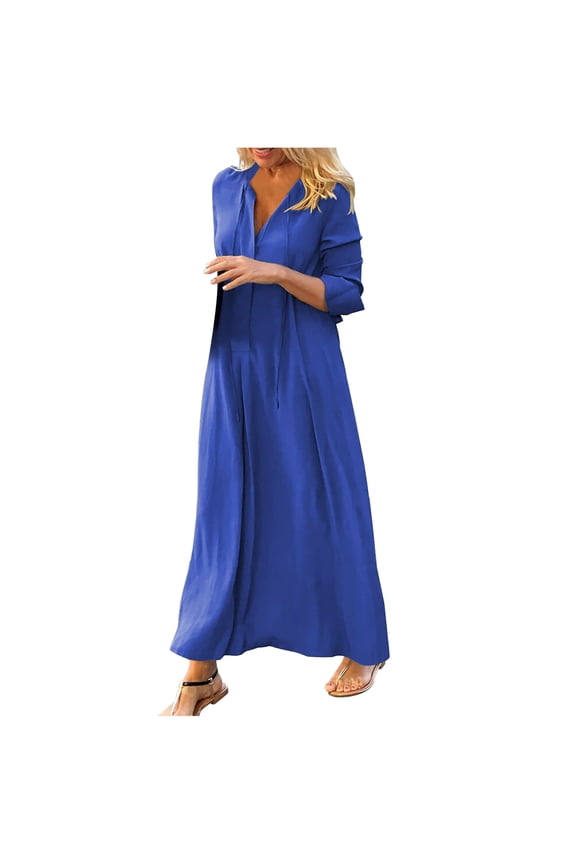 Women's 2023 Summer Dress Casual Solid V-Neck High Waist Long Sleeve Long Dress Maxi Dresses Beach Sundress Dress Blue S, US Size:4