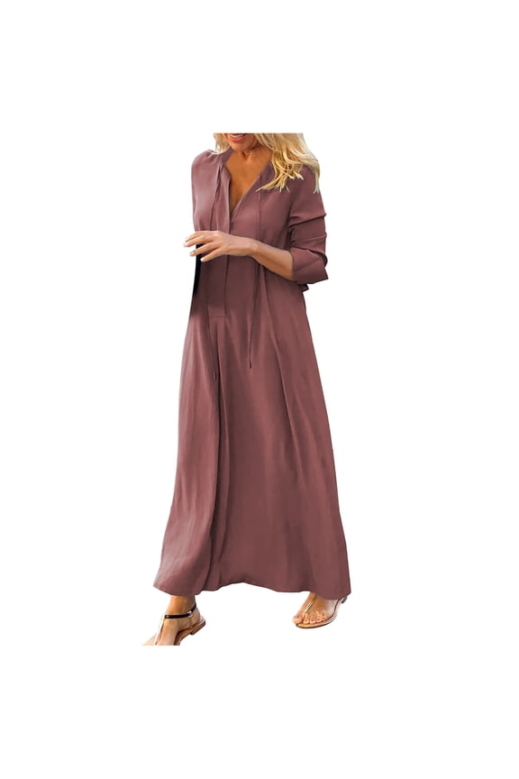 Women's 2023 Summer Dress Casual Solid V-Neck High Waist Long Sleeve Long Dress Maxi Dresses Beach Sundress Dress Red XL, US Size:10