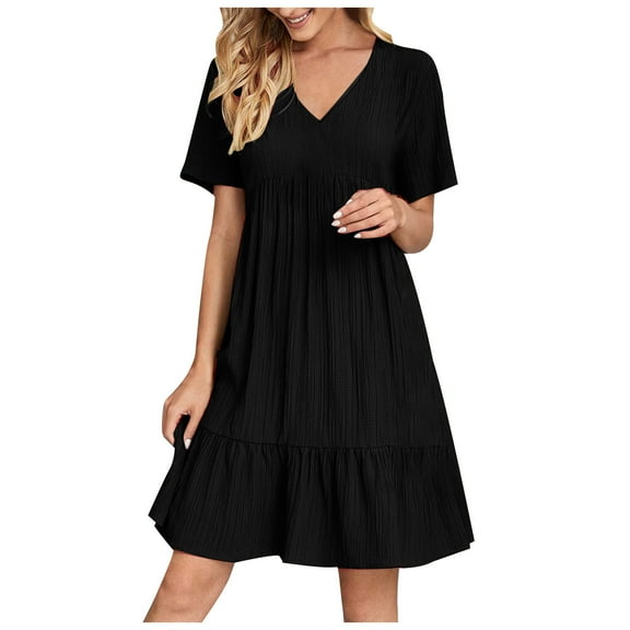 QLEICOM Women's 2023 Summer Dress Casual V-Neck Pleated High Waist Lace Dress A-Line Pleated Hem Swing Midi Sun Dress Black L, US Size:8