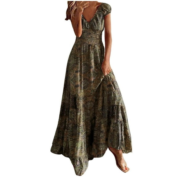 QLEICOM Women's 2023 Summer Dress Chiffon Casual Print V-Neck Short Sleeve Long Dress Maxi Dresses Beach Sundress Dress Coffee XL, US Size:10
