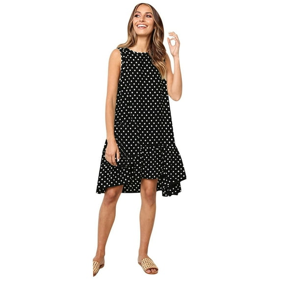 QLEICOM Women's 2023 Summer Dress Round Neck Sleeveless Polka Dot Loose Large Swing Ruffle Dress Beach Sundress Mini Flared Tank Dress Black 3XL, US Size:14