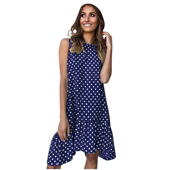 QLEICOM Women's 2023 Summer Dress Round Neck Sleeveless Polka Dot Loose Large Swing Ruffle Dress Beach Sundress Mini Flared Tank Dress Navy S, US Size:4