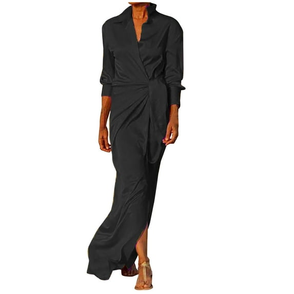 QLEICOM Women's 2023 Summer Dress Sexy Casual V-Neck Solid Slim Long Leeve Dress Maxi Dresses Beach Sundress Dress Black S, US Size:4