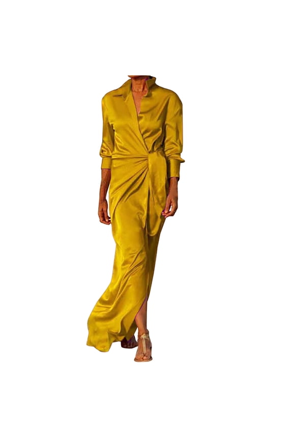 Women's 2023 Summer Dress Casual V-Neck Solid Slim Long Leeve Dress Maxi Dresses Beach Sundress Dress Gold XXL, US Size:12