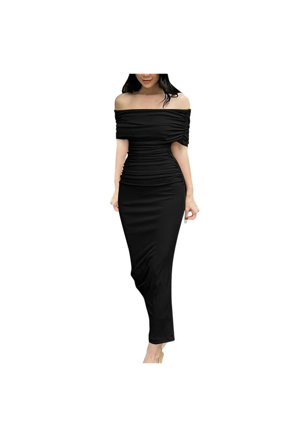 Women's 2023 Summer Dress Short Sleeve Strapless Backless Tube Evening Long Dress Bodycon Wedding Party Maxi Dresses Black XXL, US Size:12