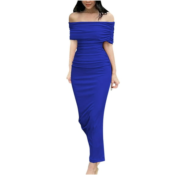 QLEICOM Women's 2023 Summer Dress Sexy Short Sleeve Strapless Backless Tube Evening Long Dress Bodycon Wedding Party Maxi Dresses Blue S, US Size:4