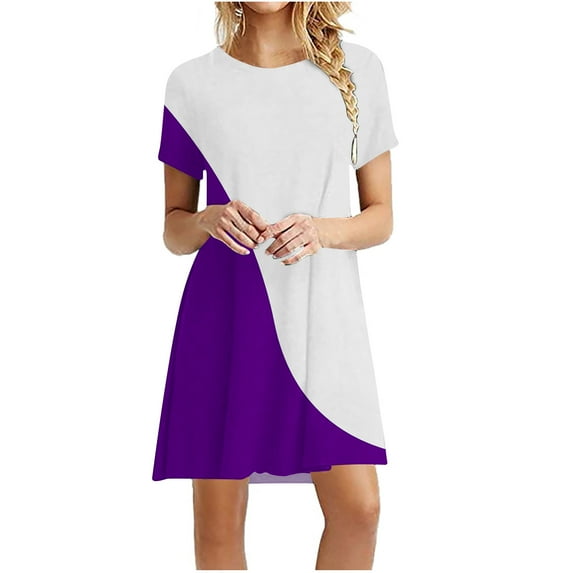 QLEICOM Women's Casual Color-Blocking Simple T-Shirt Loose Dress Summer Short Sleeve T Shirt Dresses Purple 3XL(US Size: 14