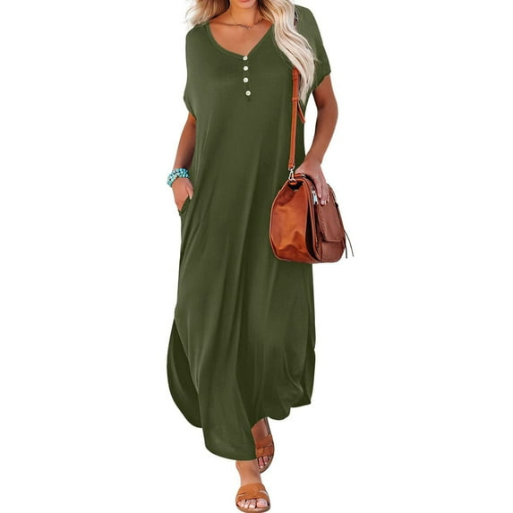 QLEICOM Women's Casual Loose Sundress Long Dress Short Sleeve Maxi Dresses Summer Beach Dress with Pockets Army Green M, US Size: 6