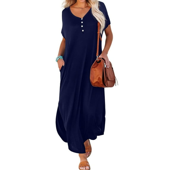 QLEICOM Women's Casual Loose Sundress Long Dress Short Sleeve Maxi Dresses Summer Beach Dress with Pockets Navy S, US Size: 4