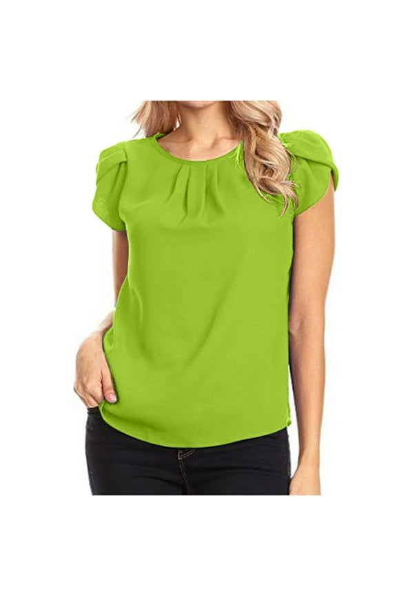 Women's Casual Round Neck Basic Pleated Top Cap Sleeve Curved Keyhole Back Blouse Mint Green XXL, US Size:12