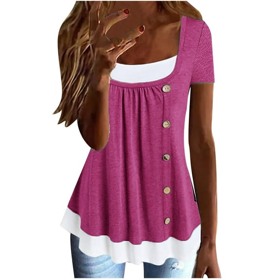 QLEICOM Women's Casual Short Sleeve Henley Crewneck Loose Fit Pleated Tunic Shirt Blouse Tops Fake Two Pieces Pleated Button T-Shirt Purple L, US Size:8