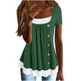 thumbnail image 1 of QLEICOM Women's Casual Short Sleeve Henley Crewneck Loose Fit Pleated Tunic Shirt Blouse Tops Fake Two Pieces Pleated Button T-Shirt Green S, US Size:4, 1 of 5