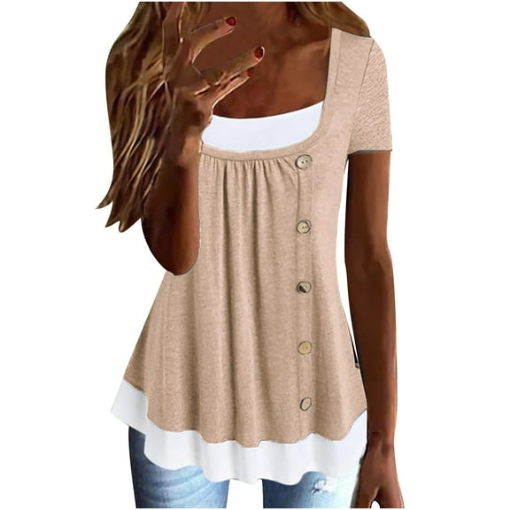 QLEICOM Women's Casual Short Sleeve Henley Crewneck Loose Fit Pleated Tunic Shirt Blouse Tops Fake Two Pieces Pleated Button T-Shirt Khaki M, US Size:6