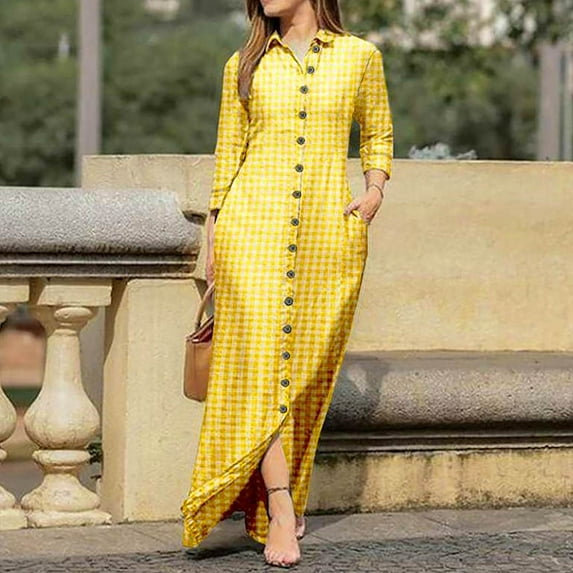 QLEICOM Women's Casual Turn-down Collar Shirt Dresses Long Sleeve Button Down Long Dress Bohemian Floral Mid Waist Dress with Pockets Summer Beachwear Temperament Maxi Dress Light Yellow L