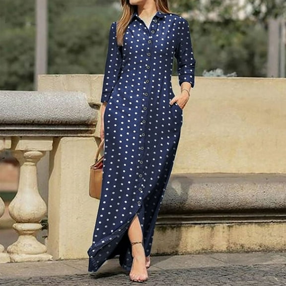 QLEICOM Women's Casual Turn-down Collar Shirt Dresses Long Sleeve Button Down Long Dress Bohemian Floral Mid Waist Dress with Pockets Summer Beachwear Temperament Maxi Dress Navy XL